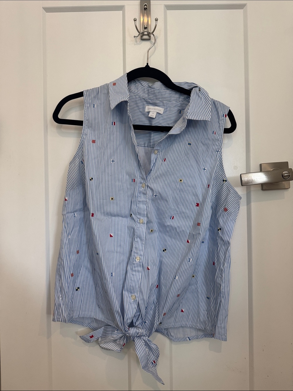 Charter Club Light Blue Pinstripe Sleeveless Button-Down with Tie Hem